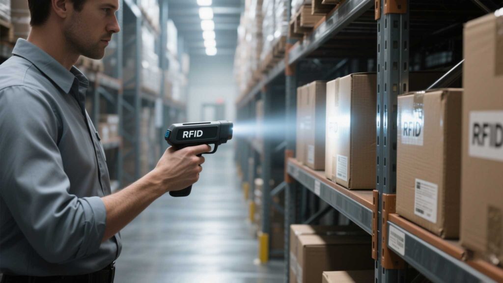 A warehouse employee scanning RFID-tagged boxes with a rfid handheld device.