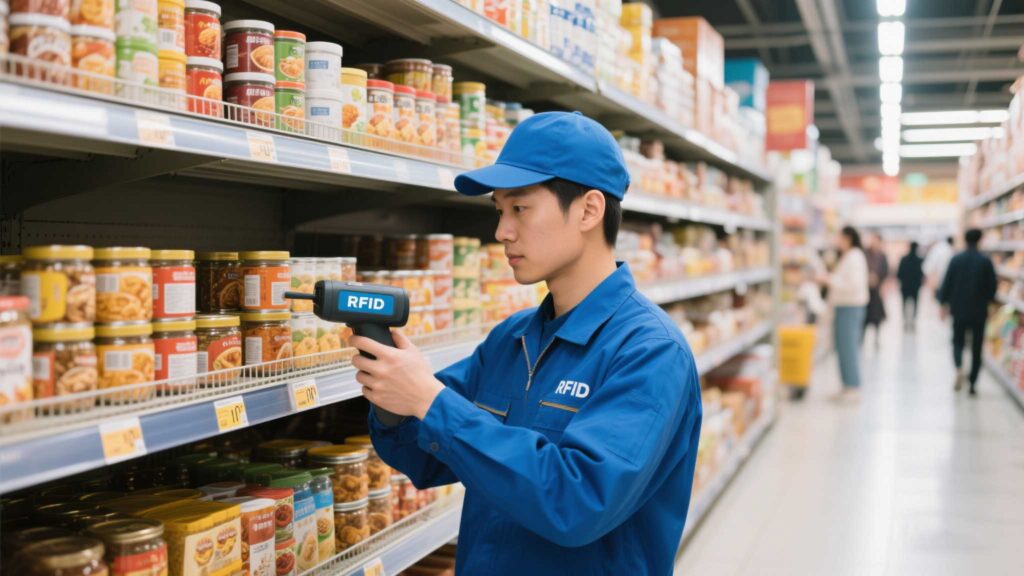 Worker scanning a shelf of RFID-tagged products in a store.