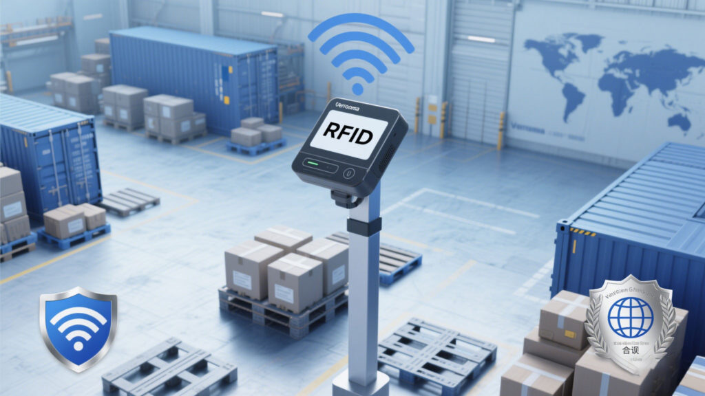 RFID reader scanning EPCglobal Gen2-tagged pallets in a global warehouse.