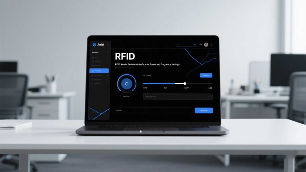 RFID reader software interface showing power and frequency settings.