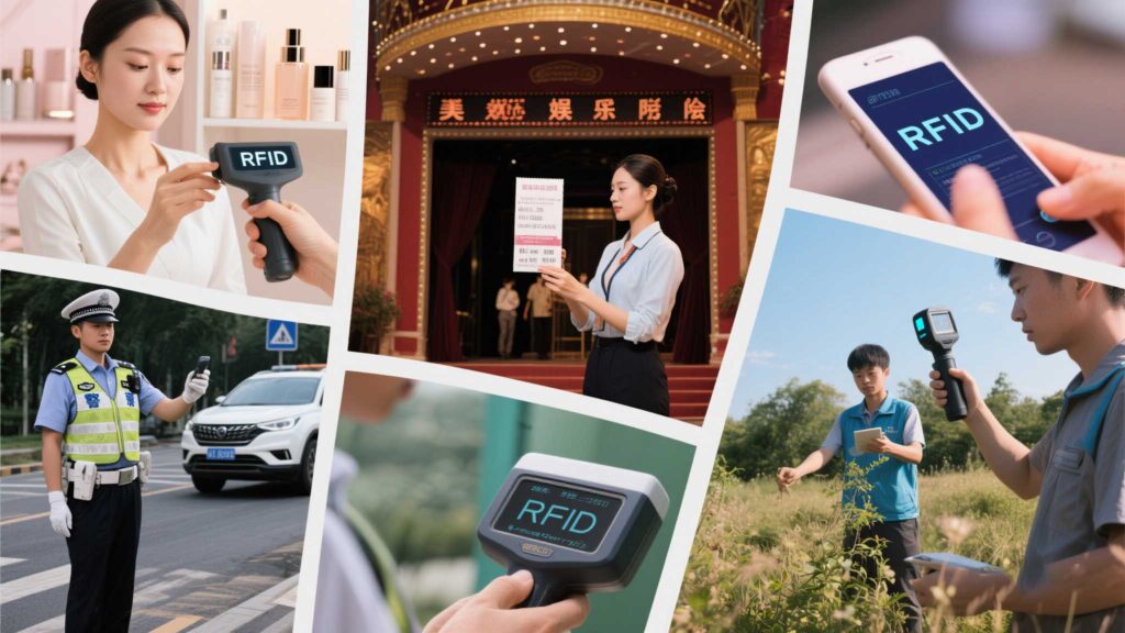 Collage of industries using handheld RFID scanners.