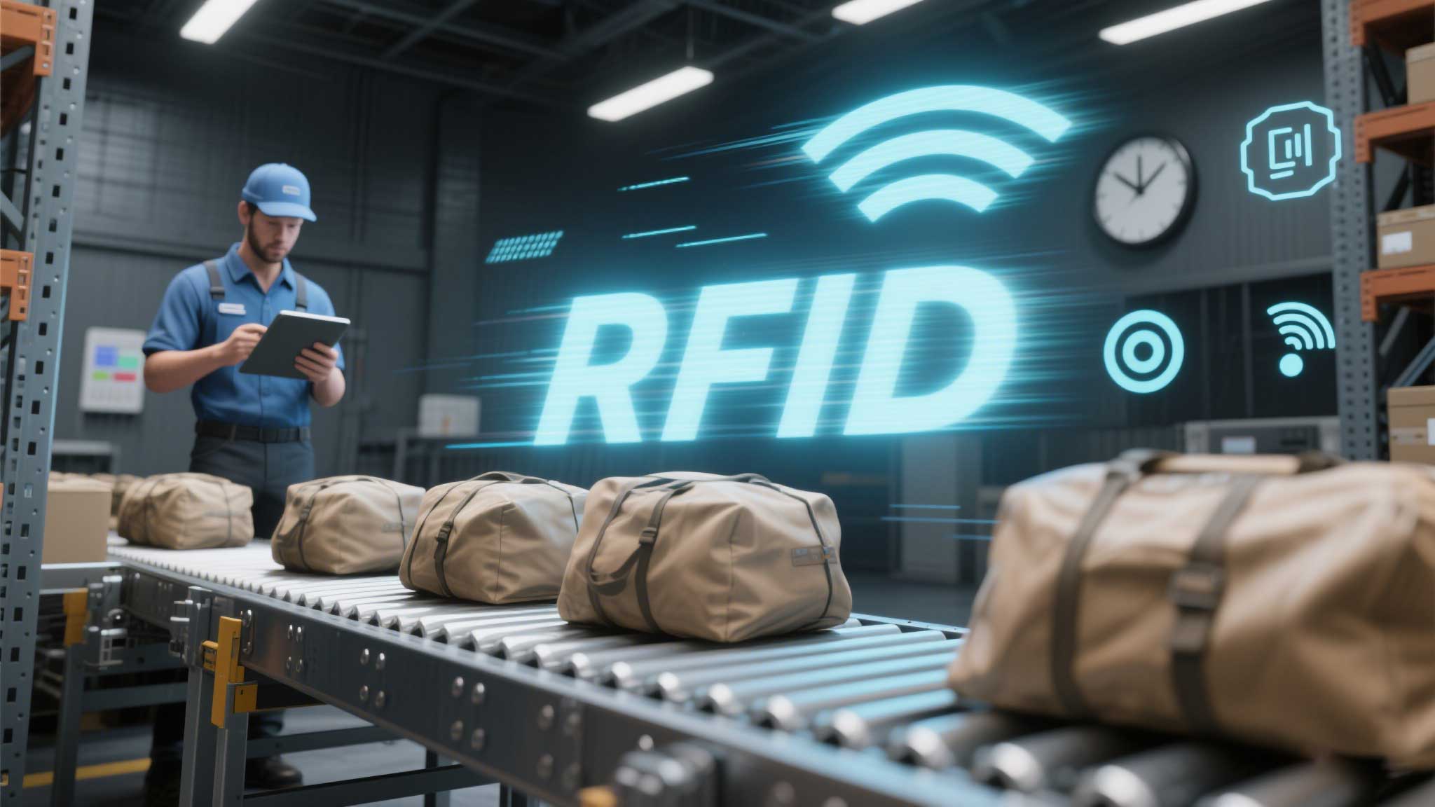 cykeo RFID reader tracking a moving tagged box on a conveyor belt with real-time data dashboard.