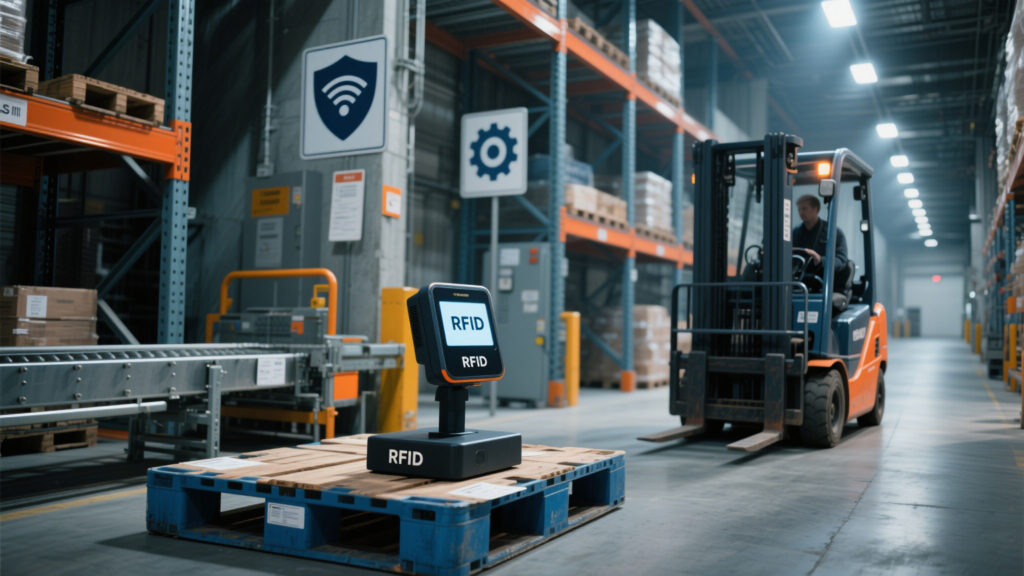 Cykeo RFID reader mounted on a forklift, scanning a tagged pallet.