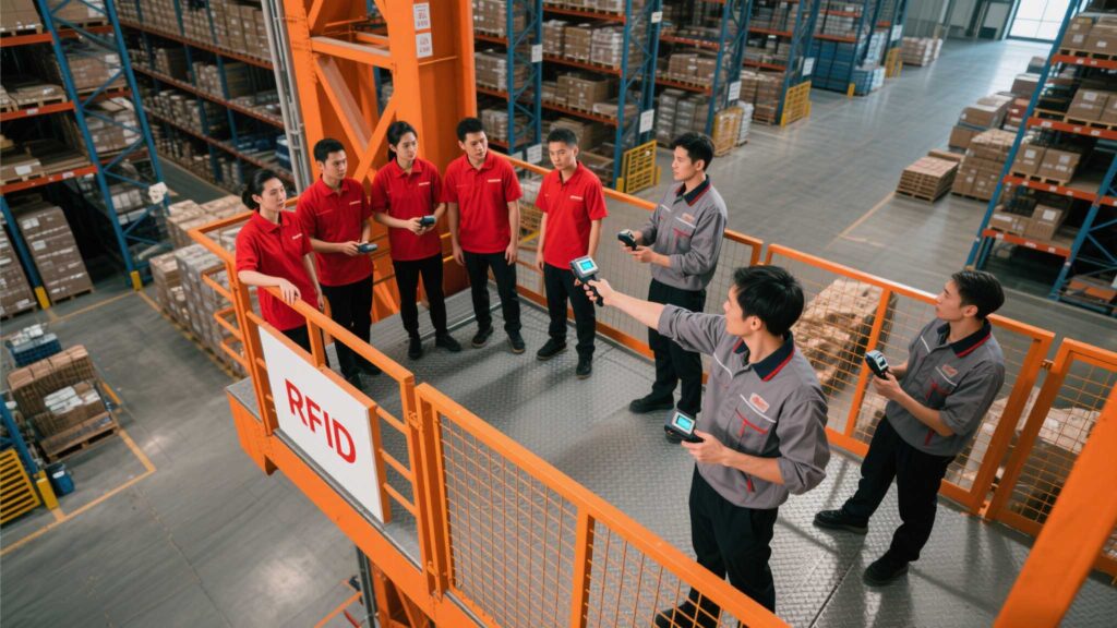 Diverse team in uniforms practicing with handheld RFID scanners in a warehouse.