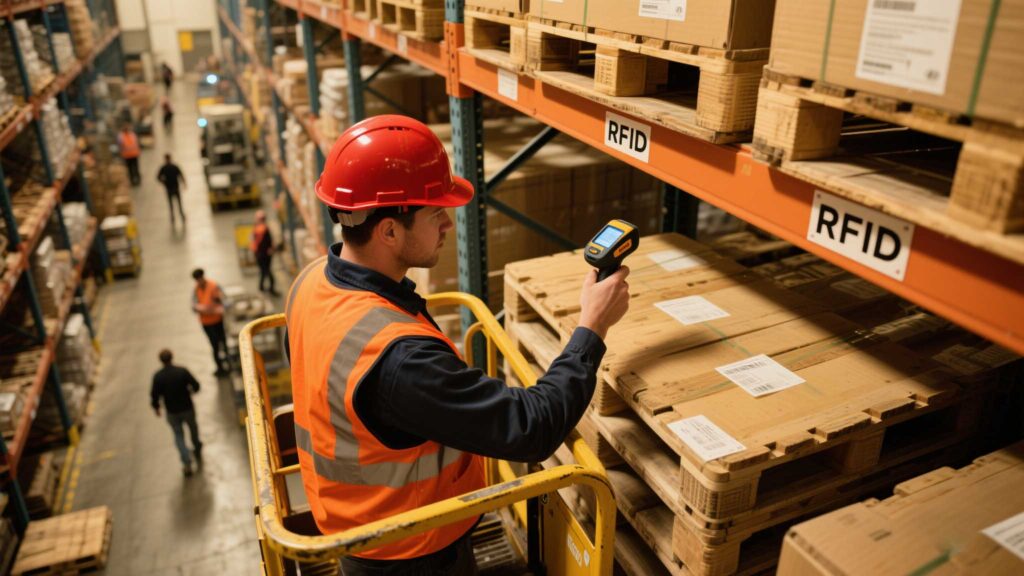 Worker scanning pallets with a handheld RFID scanner in a busy warehouse.