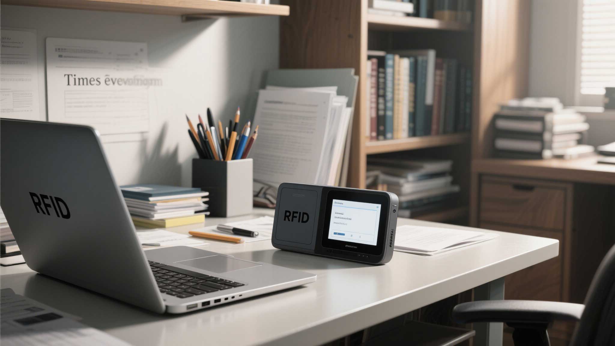 USB RFID reader plugged into a laptop running Windows 11 with a “success” pop-up.