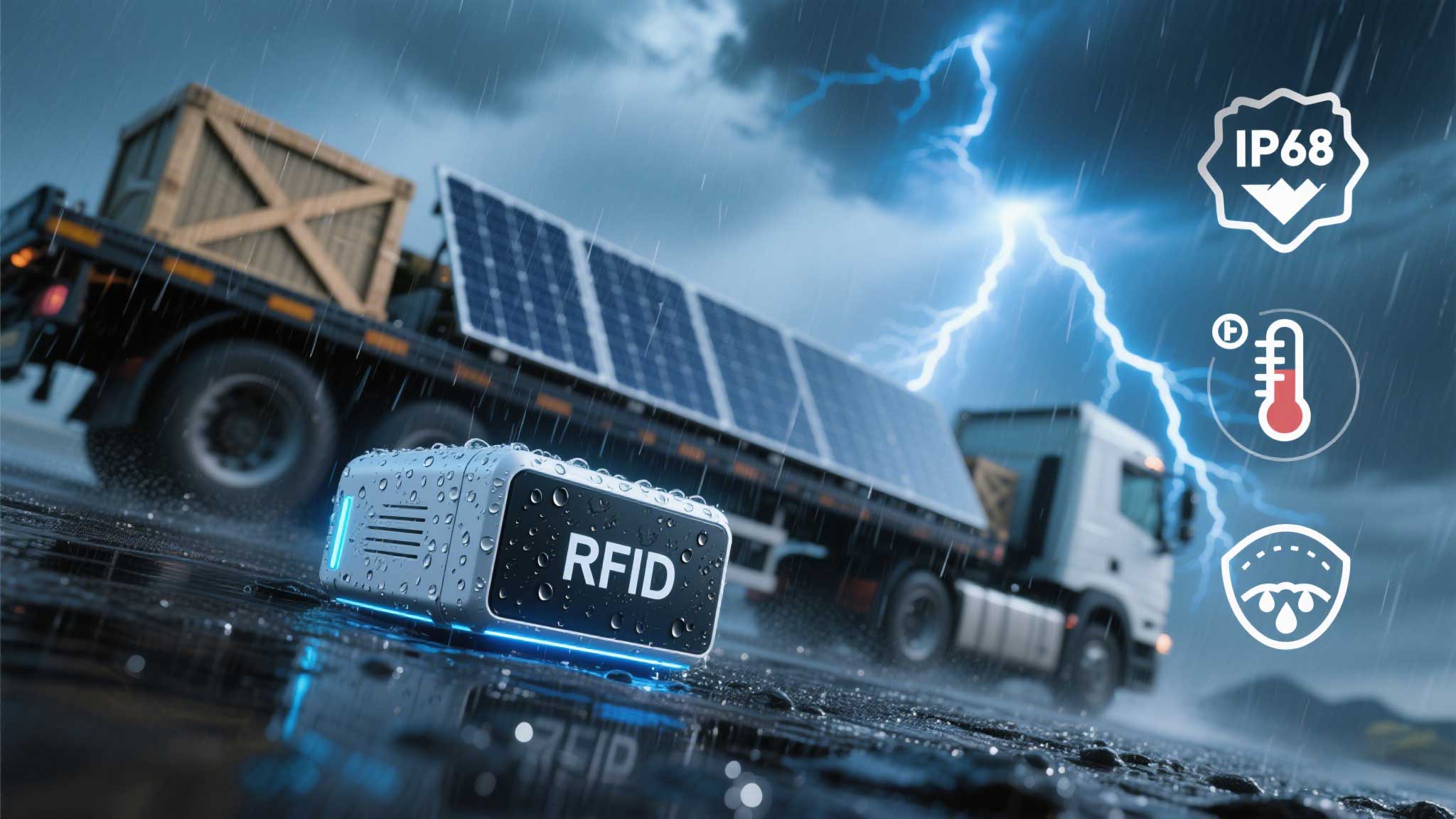 cykeo RFID reader mounted on a pole in a stormy outdoor setting.