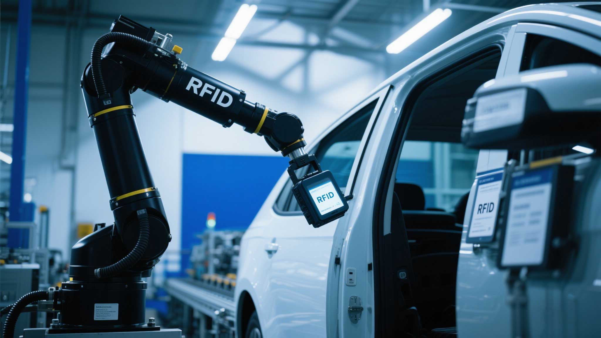 A robotic arm installing a car door while a UHF RFID reader scans a tag on the assembly line.
