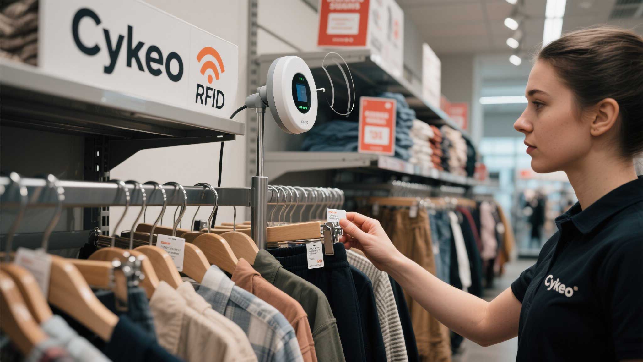 Retail employee holding a Cykeo handheld RFID reader scanning tags on metal clothing racks with a circular antenna.