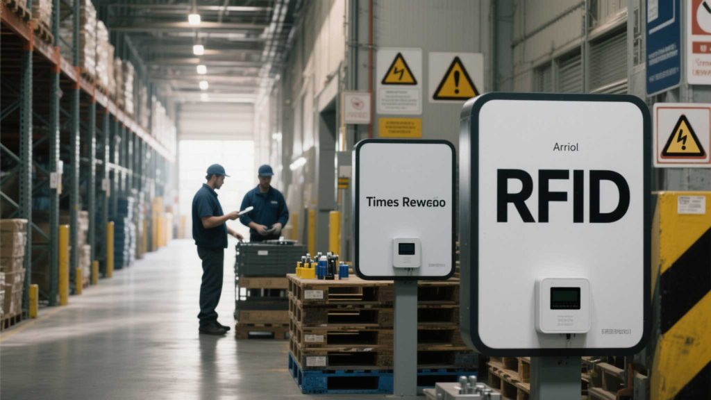 Warehouse worker scanning pallets with a UHF RFID reader vs. HF scanning small parts.