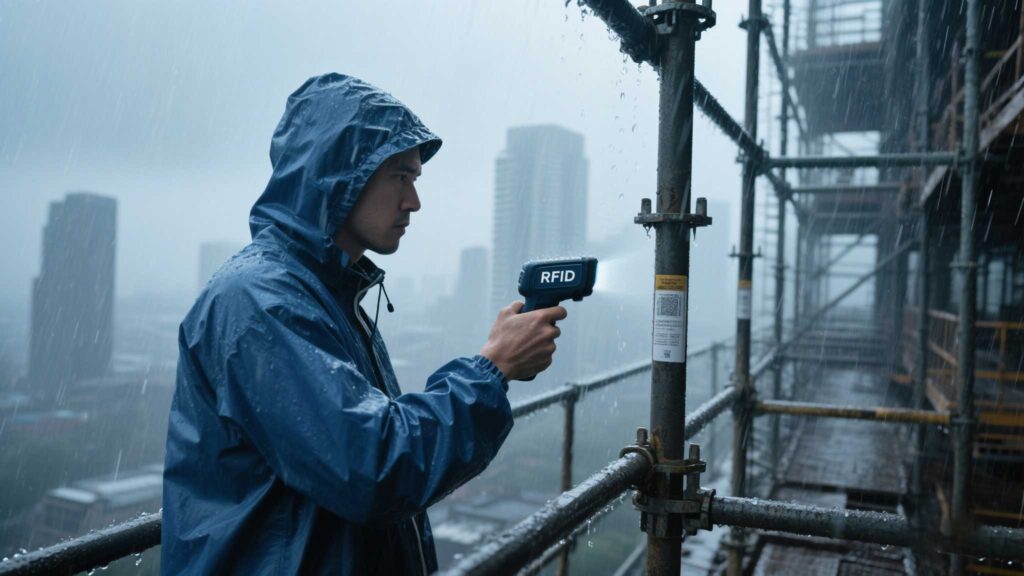 Worker using a handheld RFID scanner in heavy rain on a construction site