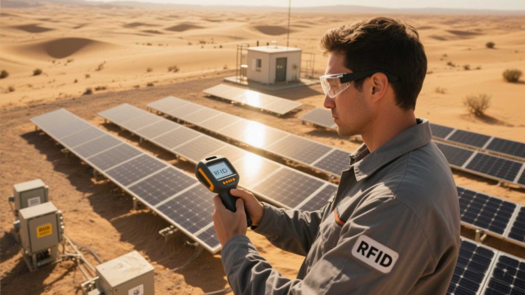 Technician scanning RFID tags on outdoor equipment in a desert environment
