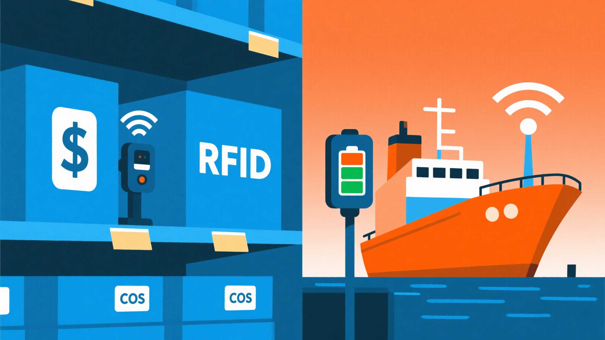 Split-screen comparison of passive vs active RFID reader use cases.