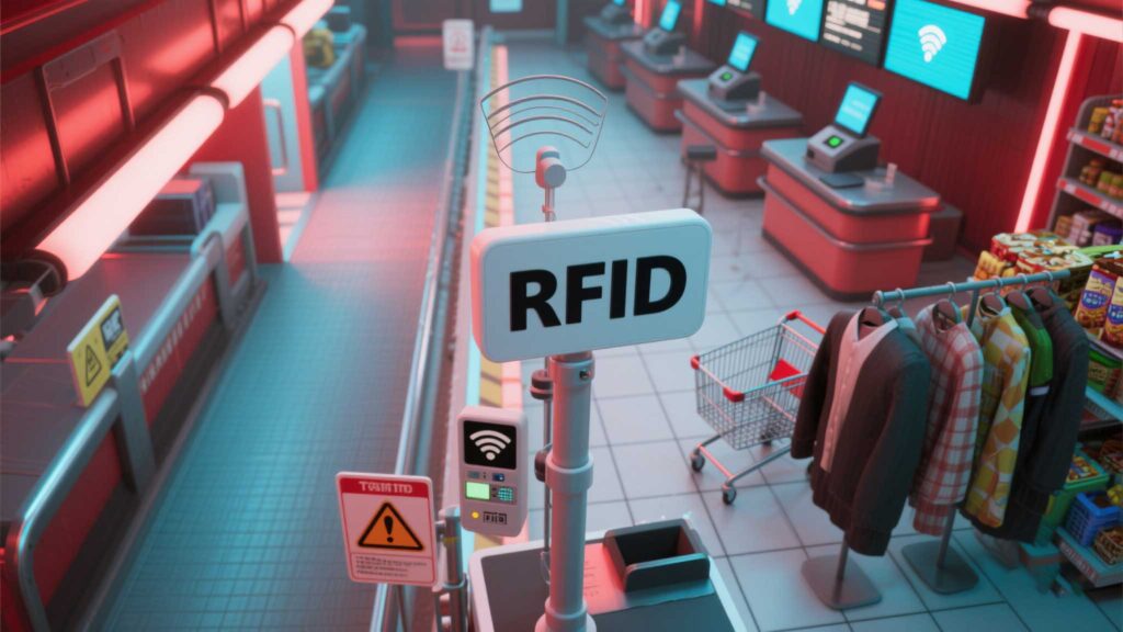 Cykeo rfid antennas mounted above a conveyor belt scanning tagged apparel and groceries.