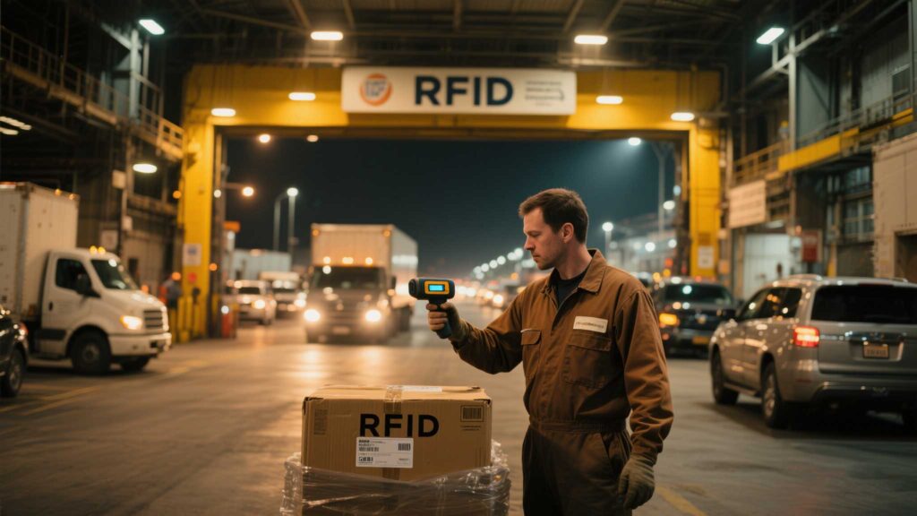 Warehouse worker scanning RFID-tagged boxes on a loading dock.