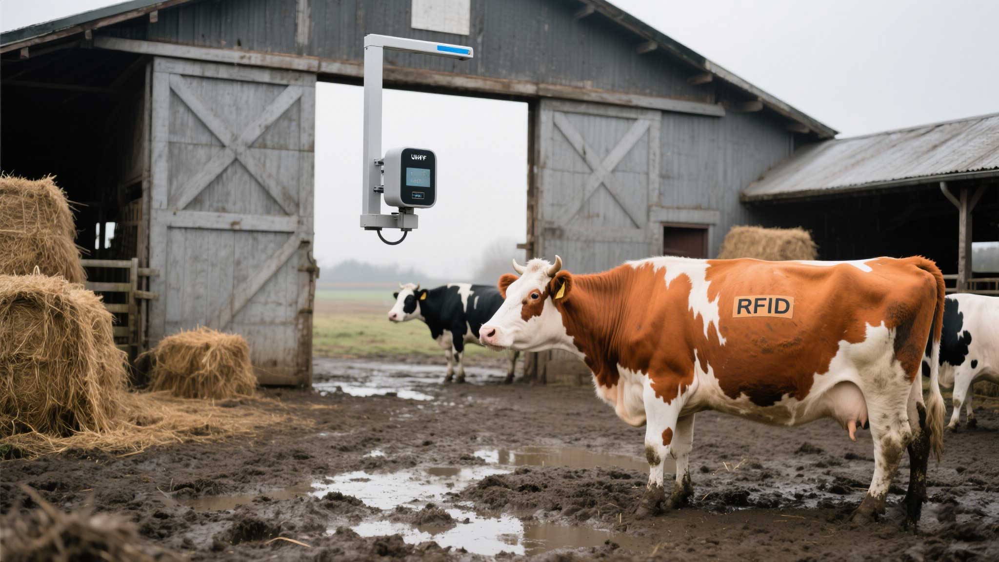 A fixed UHF reader mounted on a barn gate, scanning cows in a muddy field.