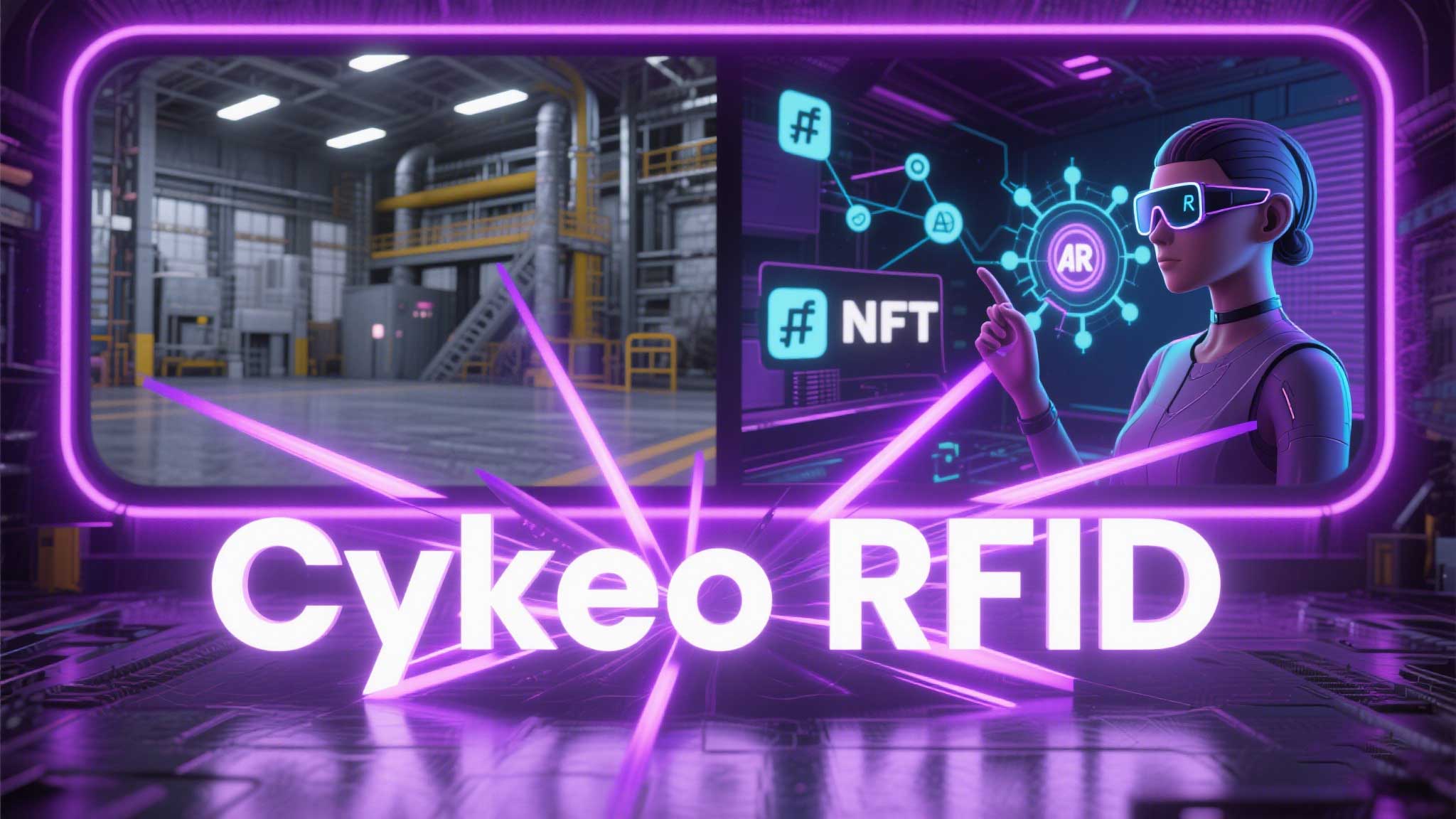 A Cykeo RFID module hovering between a physical warehouse and a metaverse cityscape.