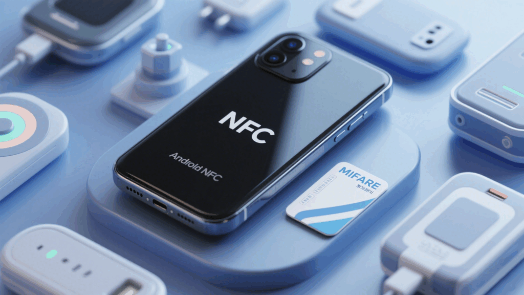 NFC-enabled Android phone reading a 13.56 MHz RFID tag using NFC Tools