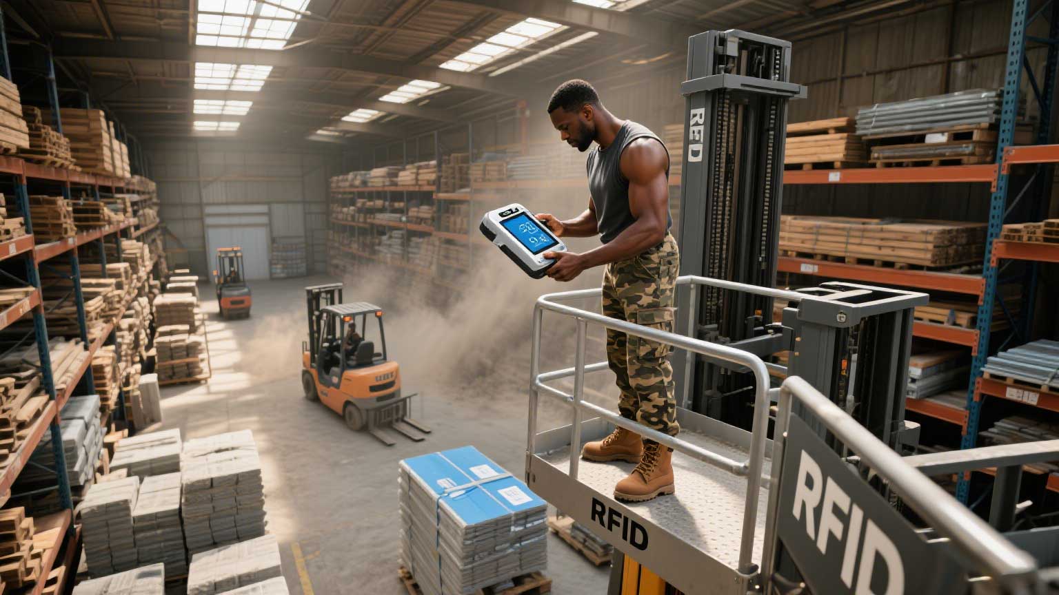 Industrial worker scanning warehouse inventory with a rugged RFID handheld device, digital readouts visible on its touchscreen.