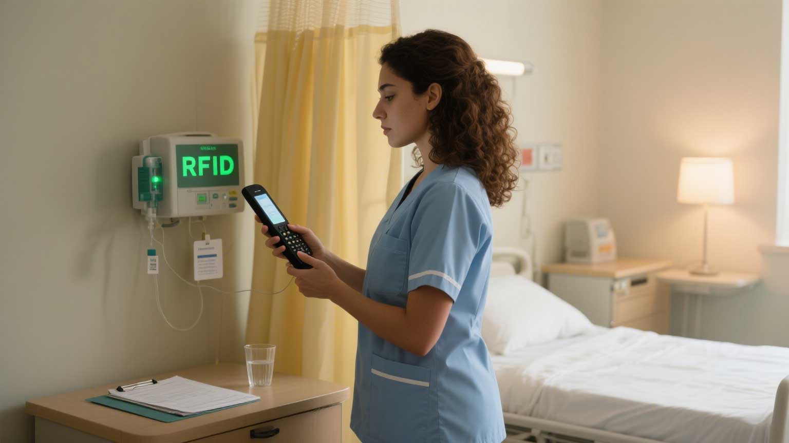 Nurse scanning an RFID-tagged IV pump in a hospital ward, handheld terminal showing real-time location data.