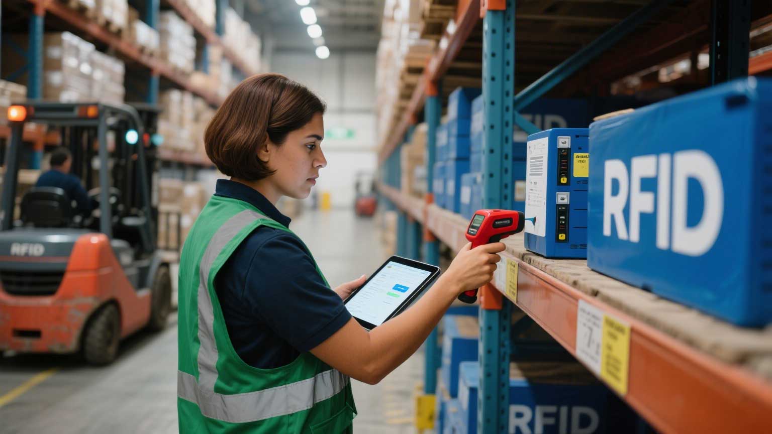 Technician using a handheld encoder to rewrite RFID tags in a warehouse setting, software interface visible on a tablet.