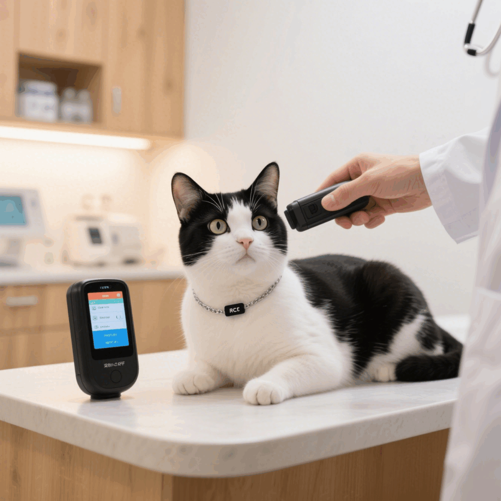 Compact RFID reader scans microchip implanted under a pet’s skin to retrieve identity and health information quickly and accurately
