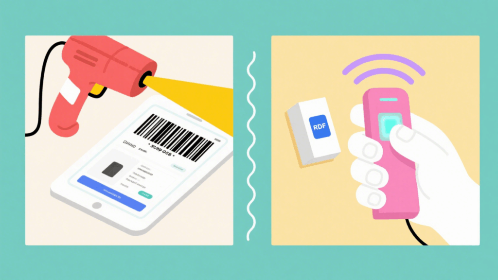 Comparison of RFID tag signal transmission and barcode light-based scanning principles