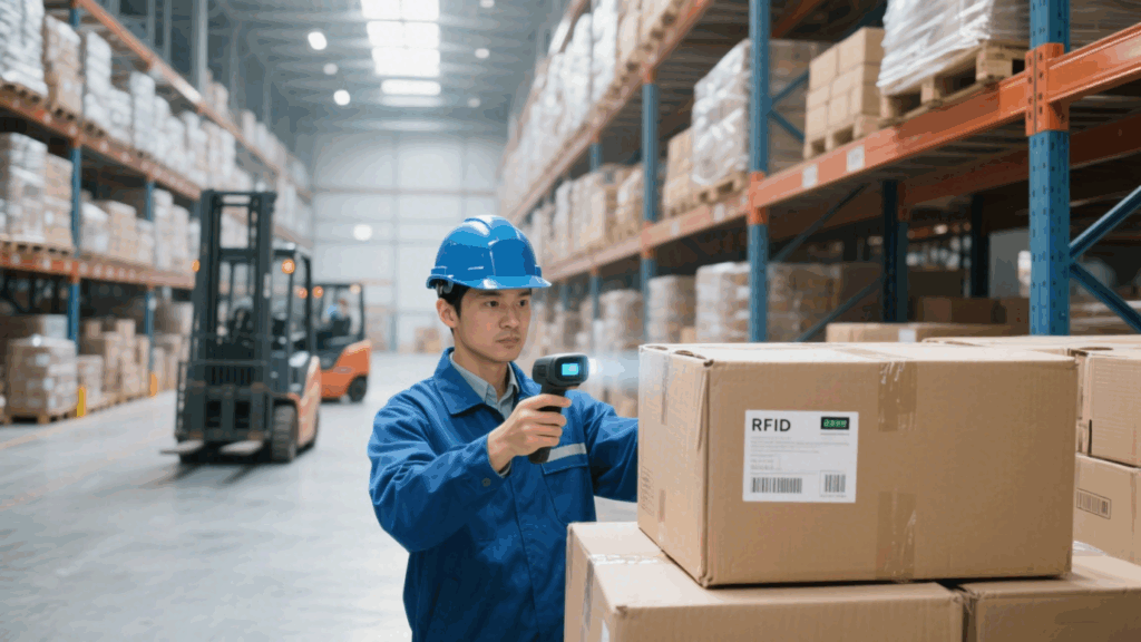  Workers using barcode scanners in retail vs RFID handheld devices in a logistics center