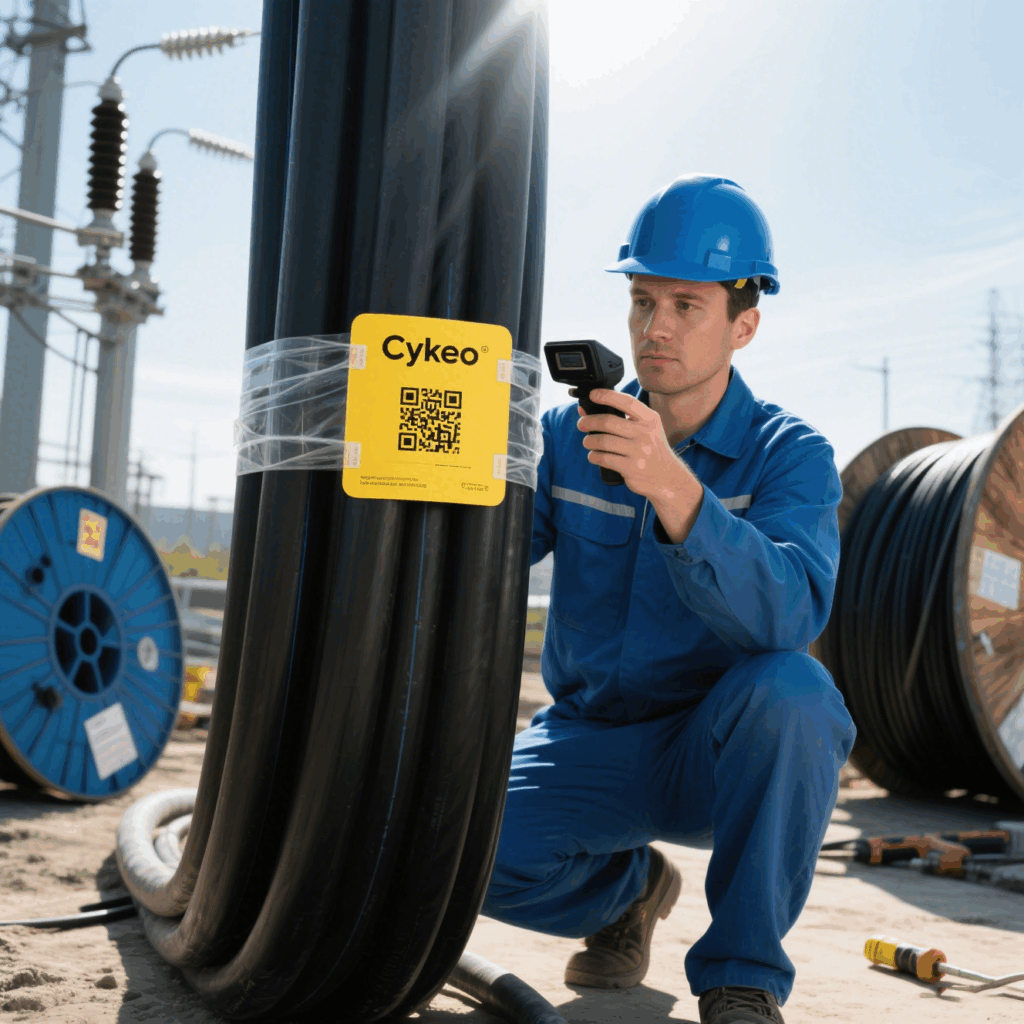 Power workers use Rfid reader to scan the Cykeo RFID tag information on the cable