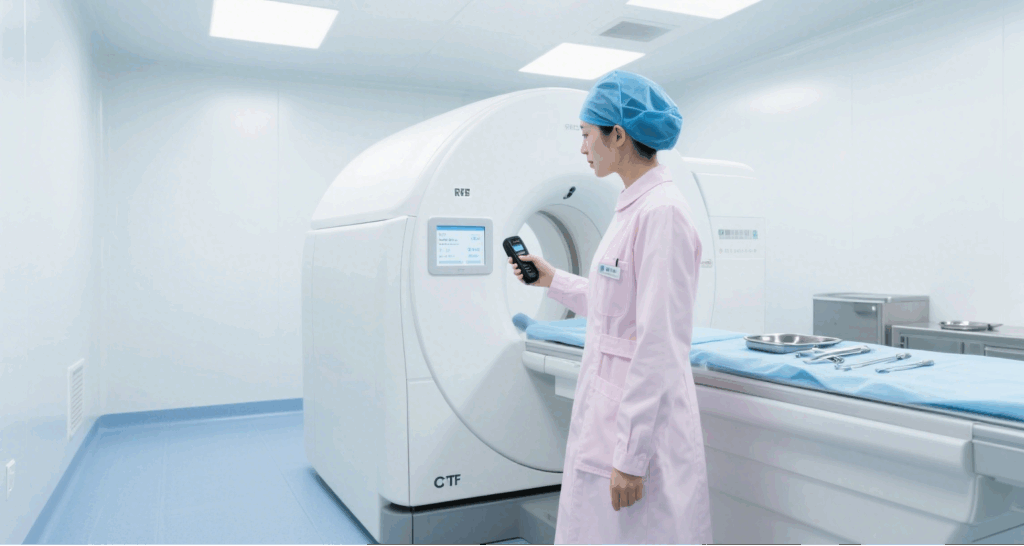 Nurse uses  RFID reader to identify medical equipment and perform automated management.