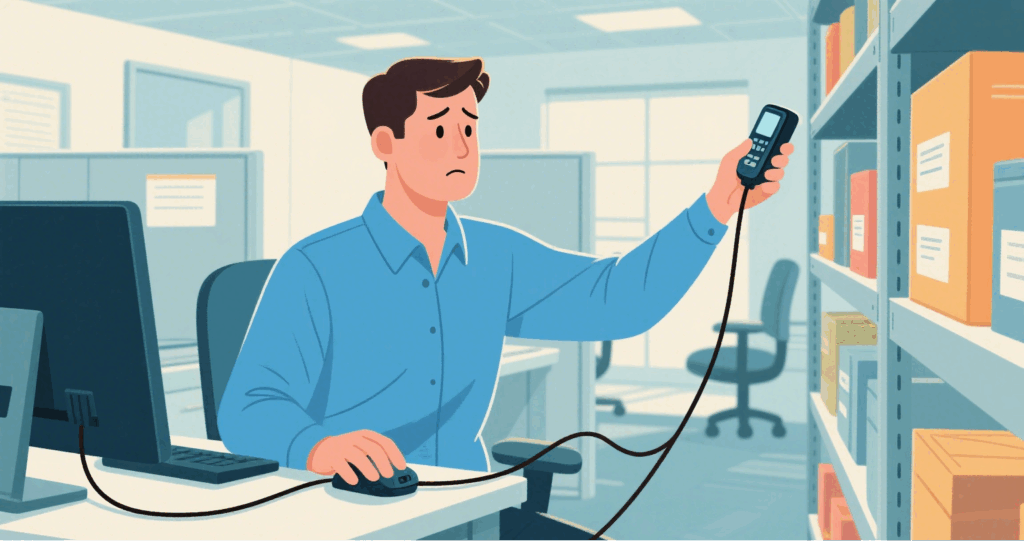 Shows how a traditional USB RFID reader connects to a computer, restricted by wired usage scenarios