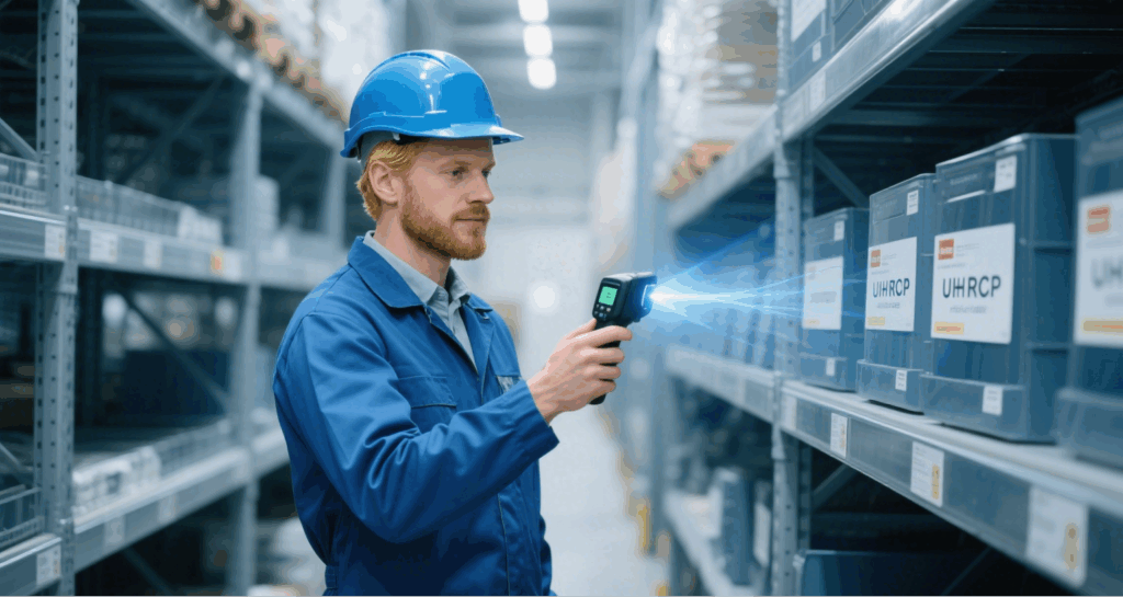 A handheld RFID reader detects tags from several meters away, reducing manual scanning effort.