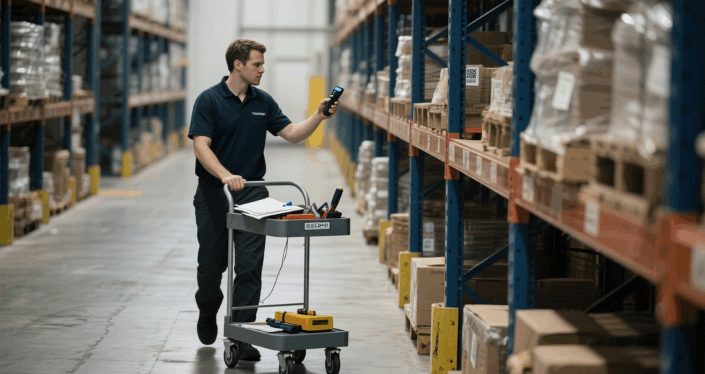 Staff member scanning tags in a warehouse using a mobile Bluetooth RFID reader