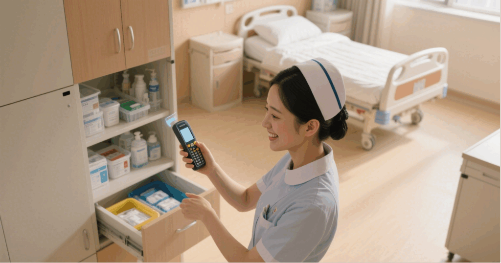 Shows RFID-tagged devices used across various hospital departments.