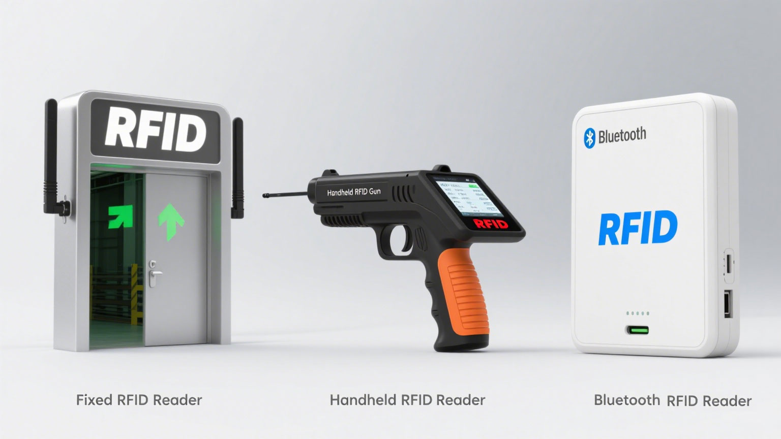 Type Comparison: Collage showing RFID fixed (door-mounted), RFID handheld (gun-style), and Bluetooth RFID readers