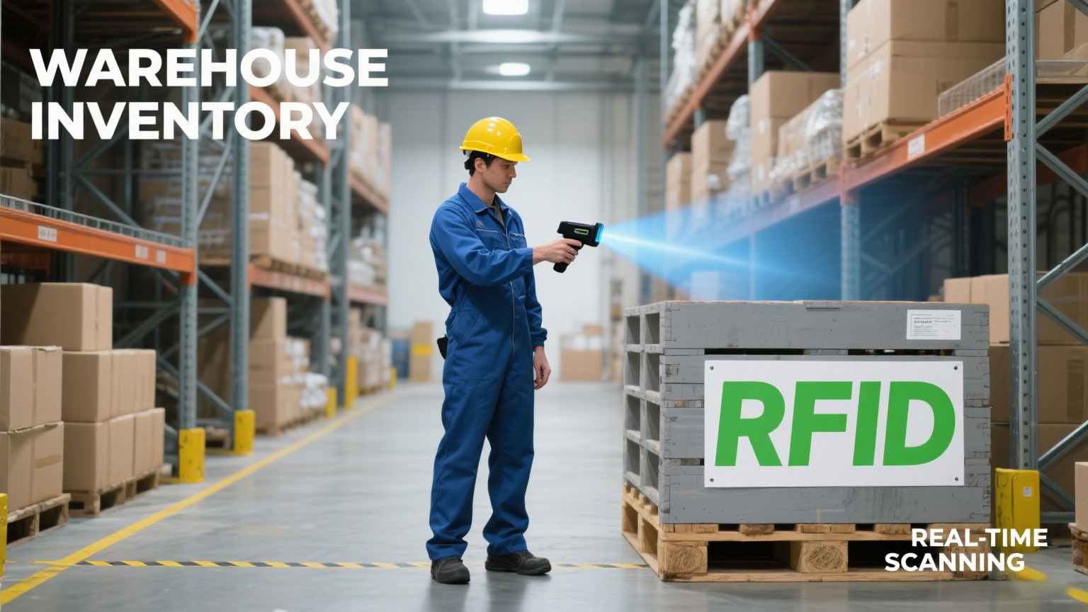 Use Case Visual: Warehouse worker scanning pallets with RFID handheld reader