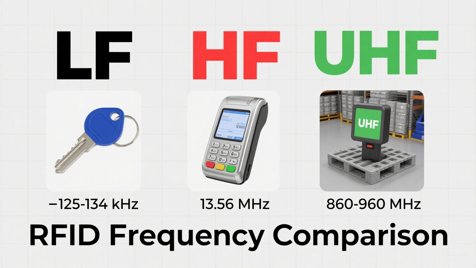  LF/HF/UHF tags with real-world examples (key fob, payment terminal, warehouse pallet)