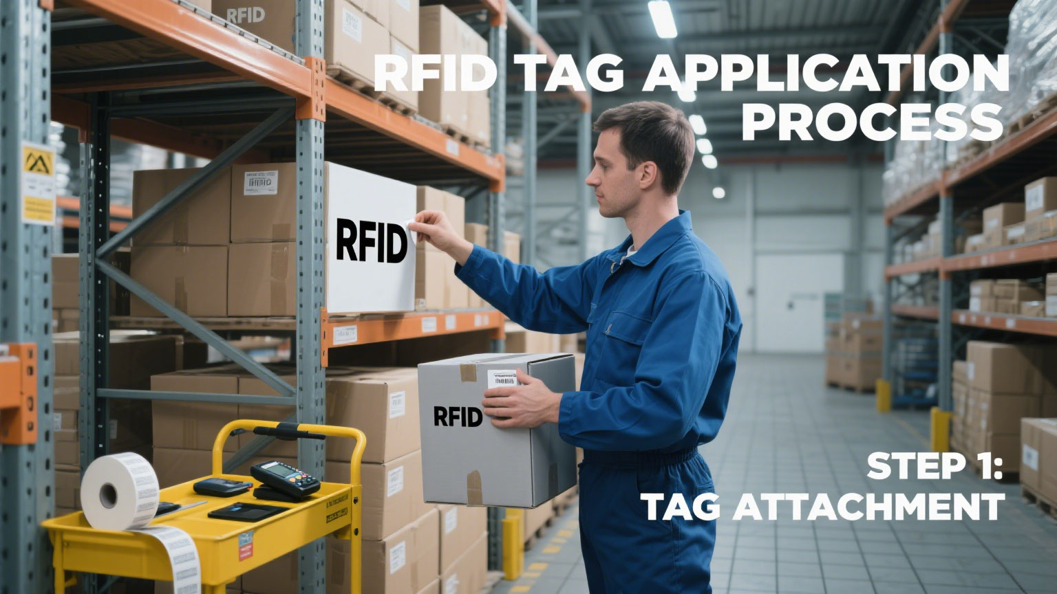 Tag Application: Worker slapping RFID labels on warehouse boxes.