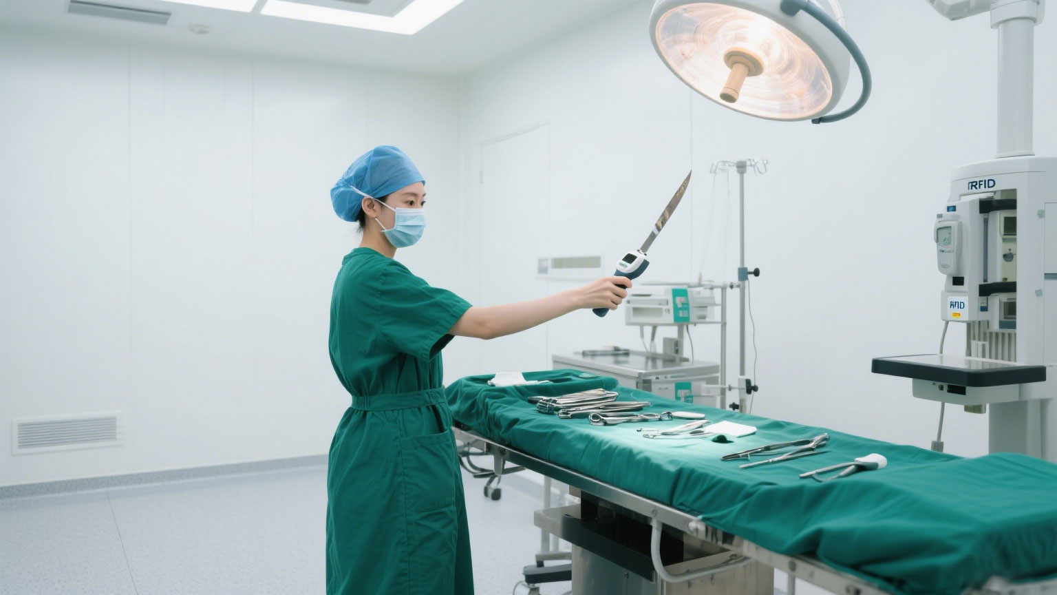 A nurse scanning a mobile medical cart with a handheld RFID reader in a hospital hallway.  Show real-world workflow integration.