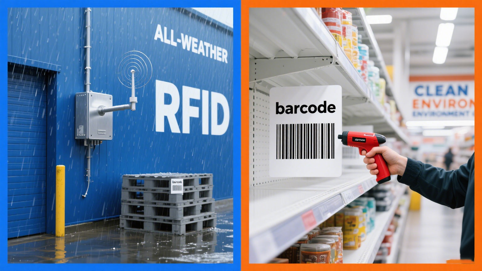 RFID reader working in rainy outdoor storage vs barcode in clean retail.