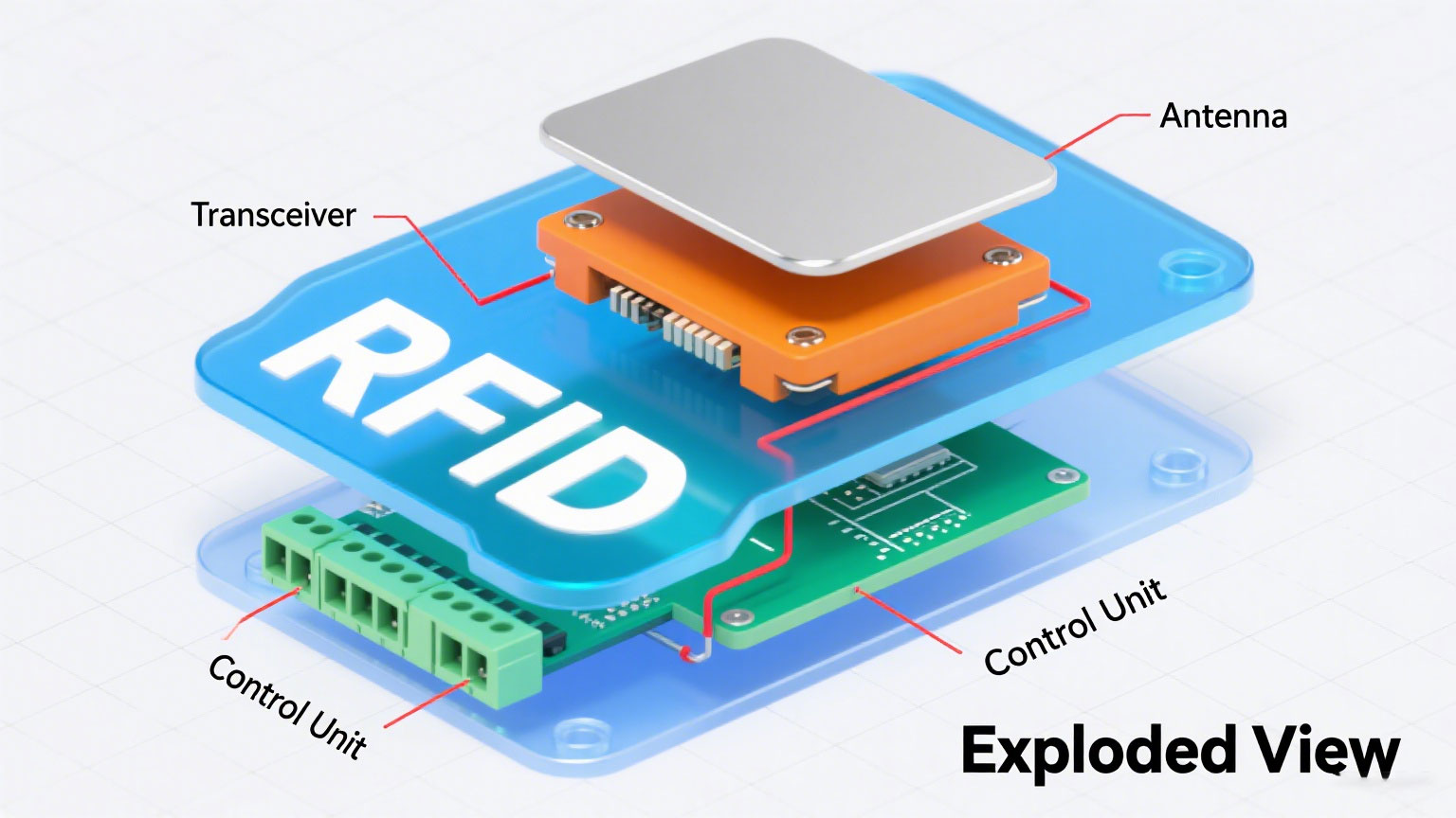 Anatomy Diagram: Labeled cross-section of rfid reader showing rfid antenna/transceiver/control unit