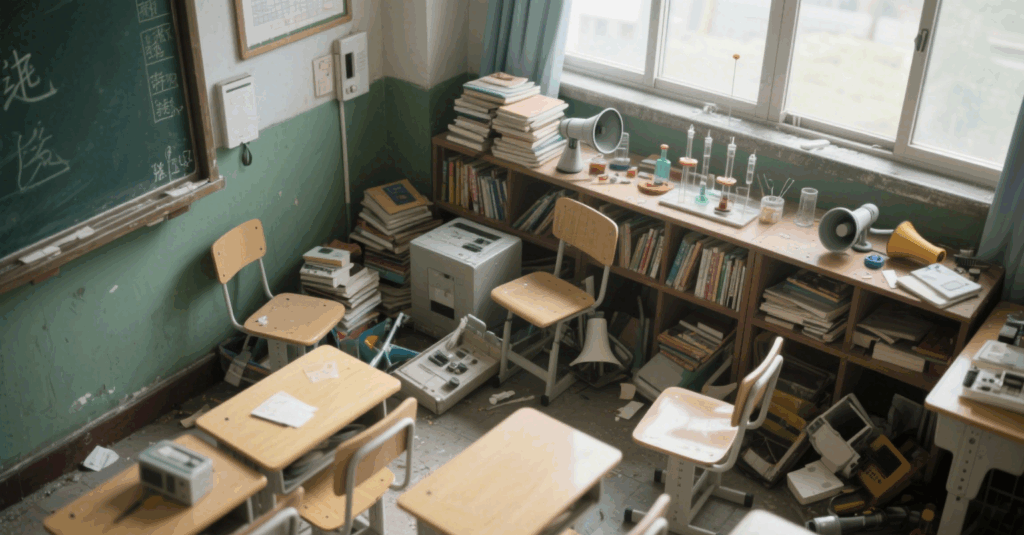 Displays disorganized asset storage in a traditional school setting, with stacked books and scattered equipment.