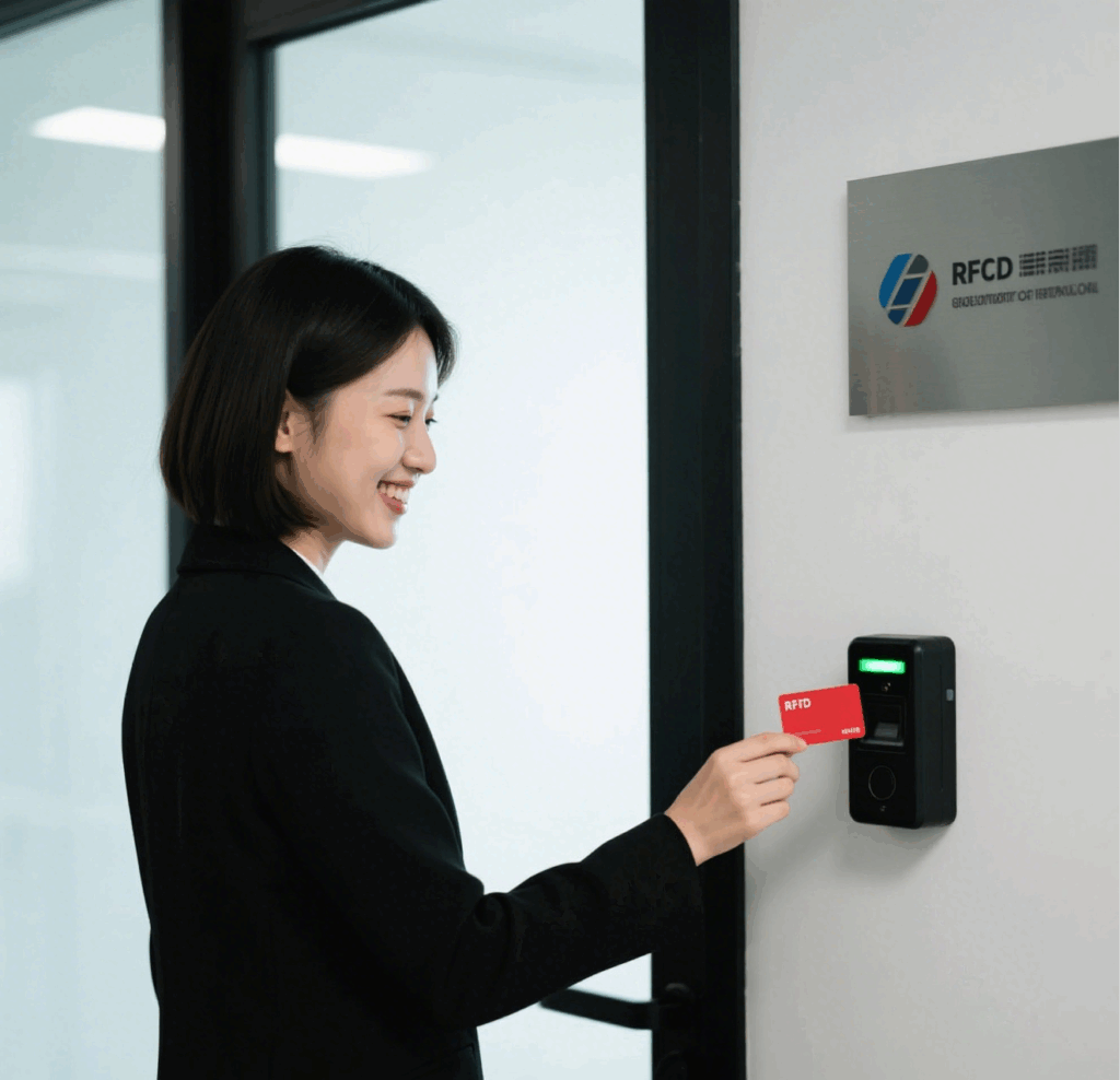 Employee using an RFID card to unlock the office door