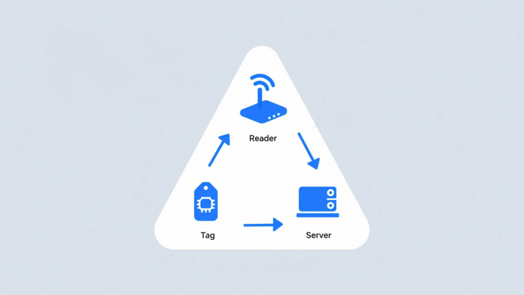 RFID System Diagram (Reader ↔ Tag ↔ Server)