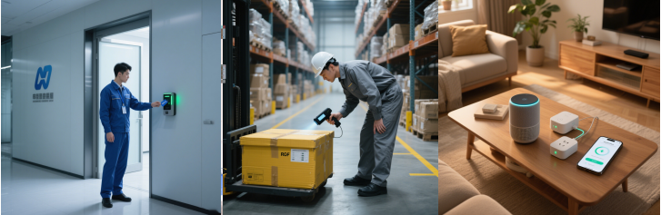 Applications of RFID in access control, logistics, and smart home environments.