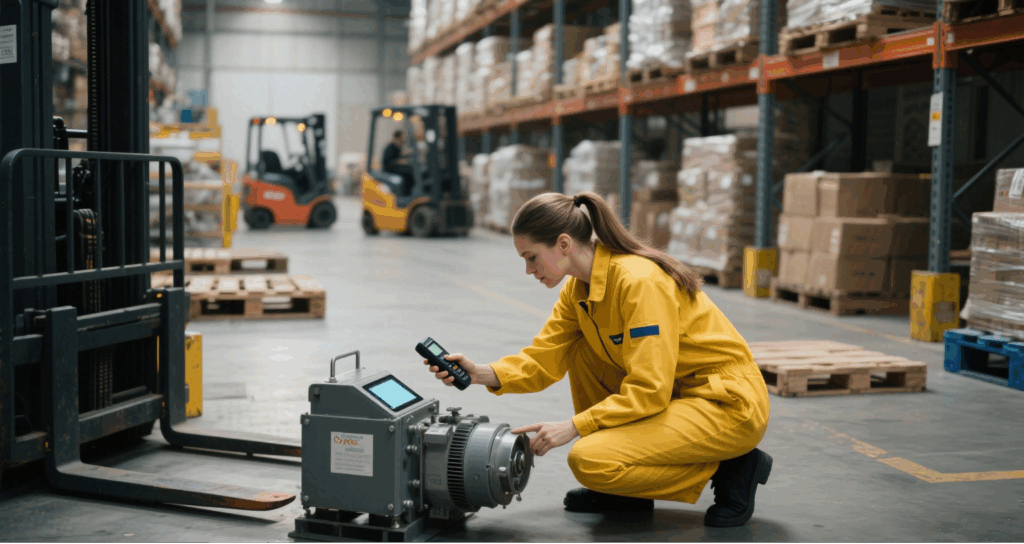 warehouse worker using a Cykeo RFID handheld reader to scan and track assets