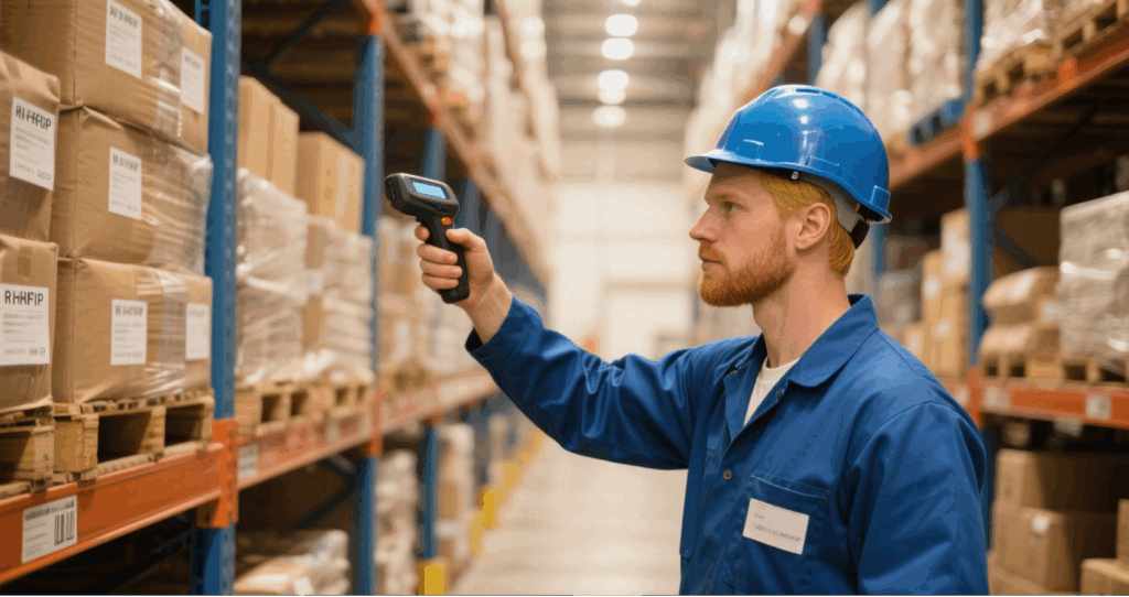 A warehouse employee efficiently scans multiple RFID tags from distance using handheld UHF RFID reader.