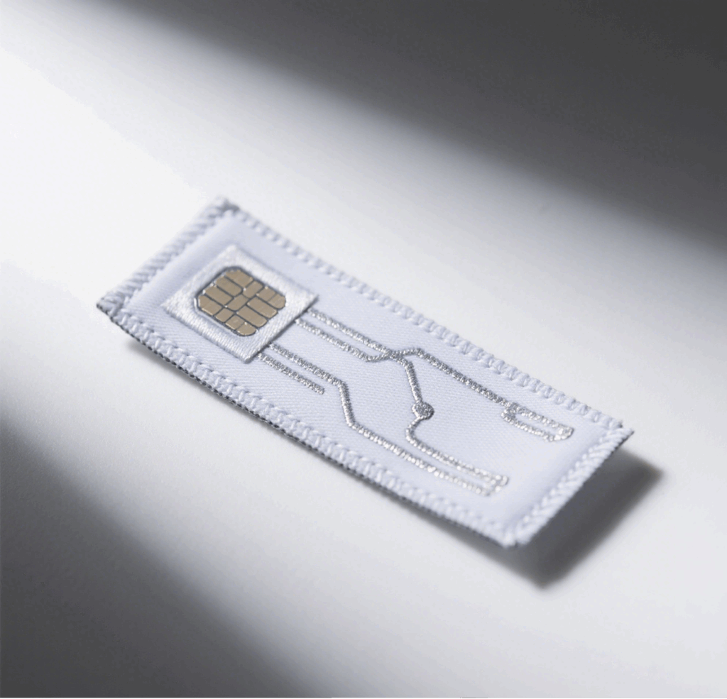 Flexible RFID fabric tag sewn into a garment