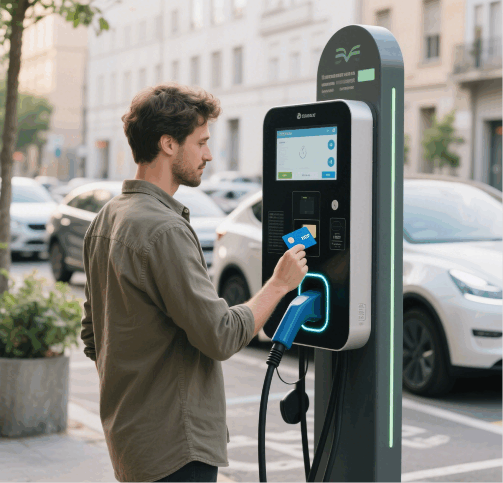 EV user activating a public charging station with an RFID card, highlighting the simplicity of the operation.