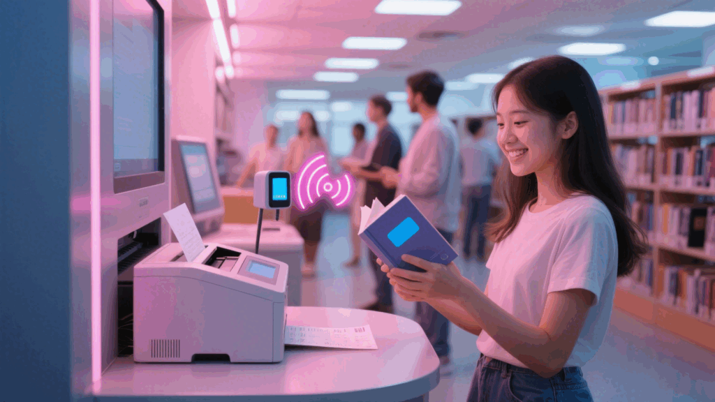 Visualizes how RFID tag communicates with reader via radio signals for data capture